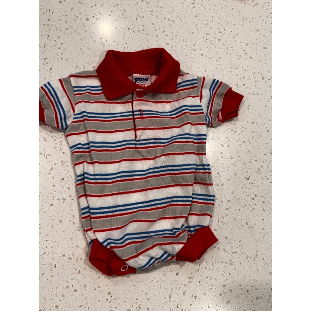 Vintage80'sStone Apparel Baby Striped  Romper Red Blue Grey 3 Months Made in USA
